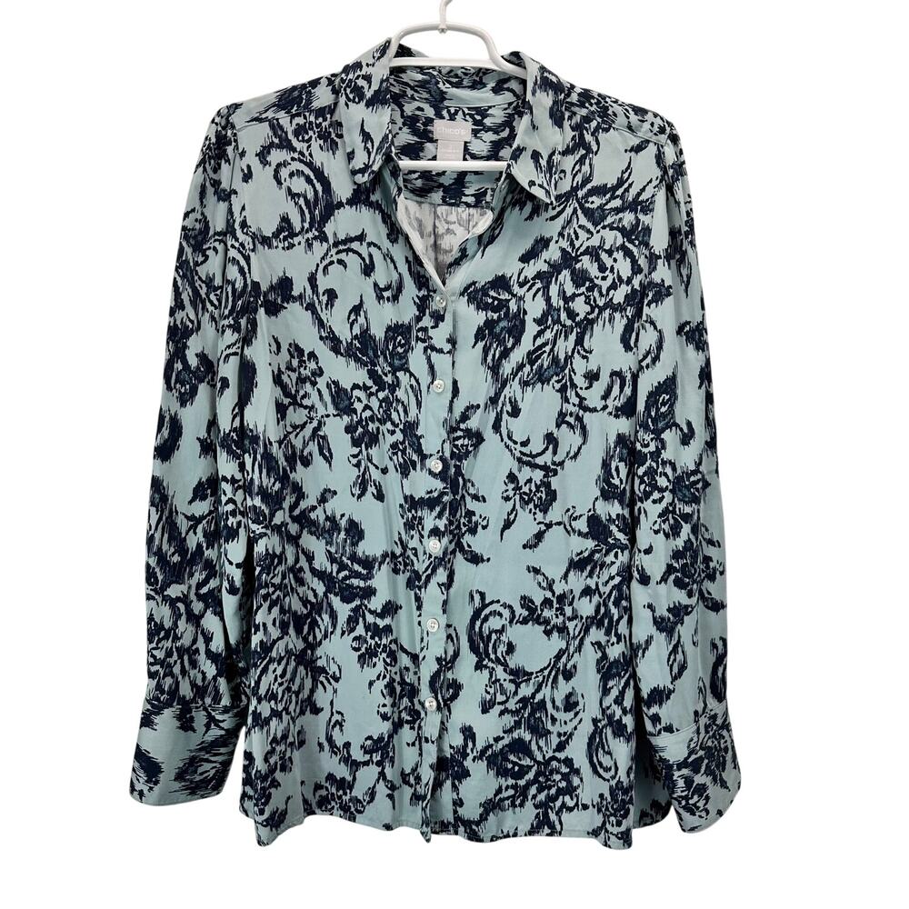 Chico's Blue/Green Sandwashed Floral Button-Up Shirt Size 2 Large